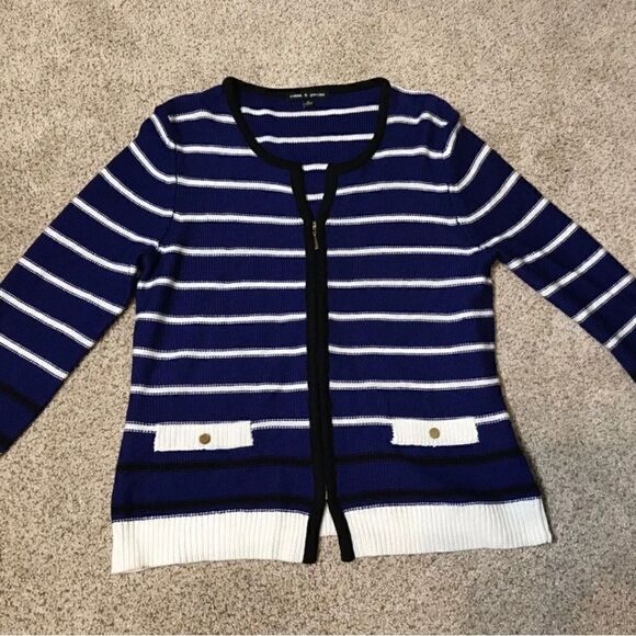 Cable & Gauge Blue & White Striped 3/4 Sleeve Zip Front Sweater or Jacket - M - Picture 5 of 6